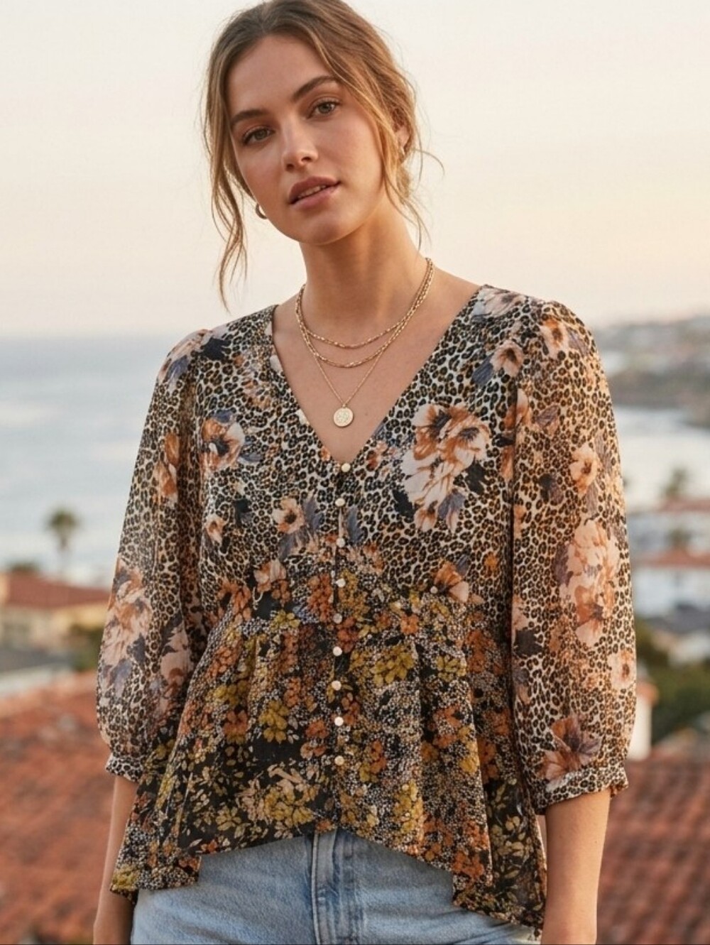 Fig & Flower Mixed Floral Leopard Print Peplum Top Small